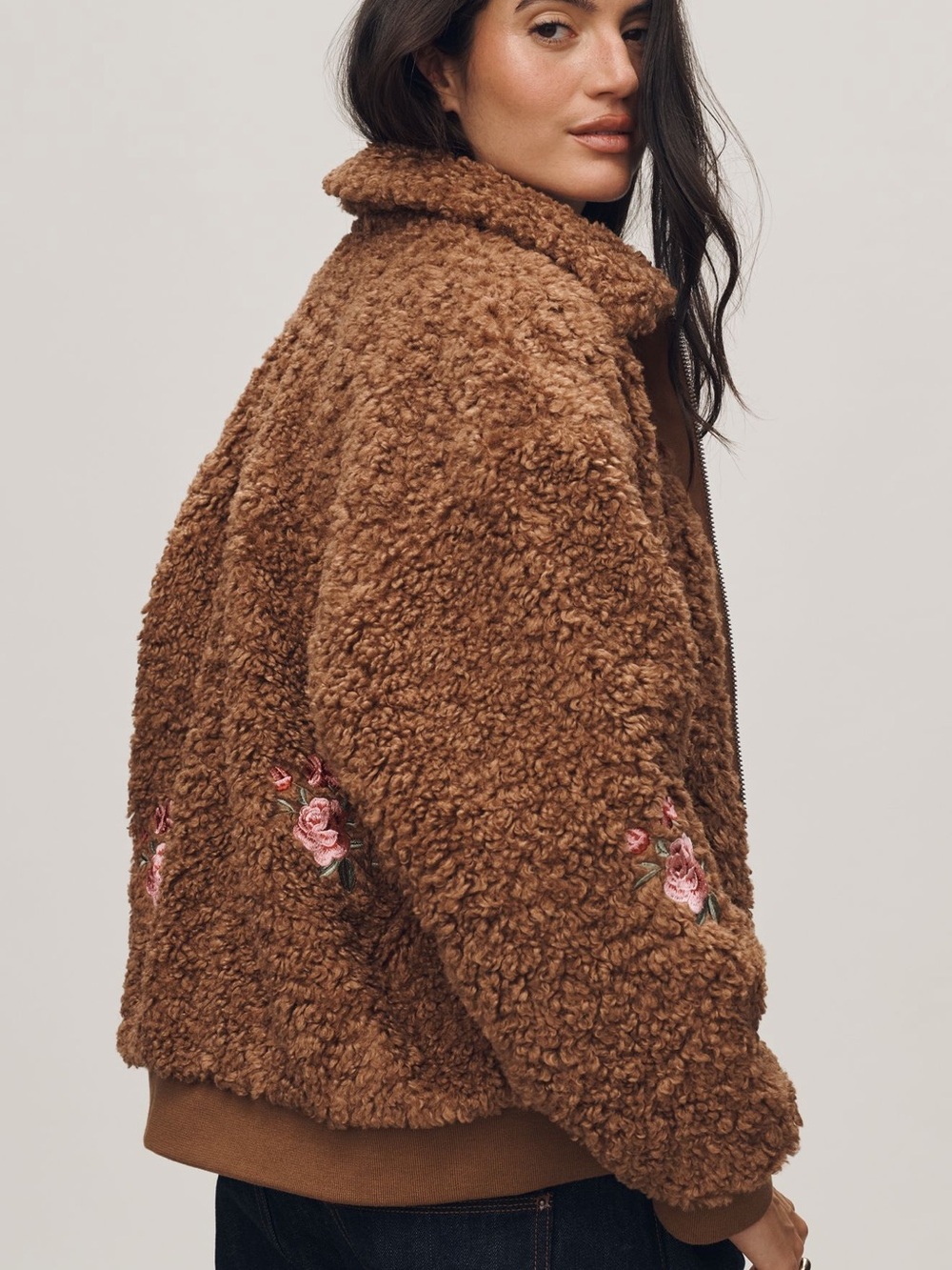 By Anthropologie Floral Embroidered Sherpa Bomber Jacket - Picture 2 of 5